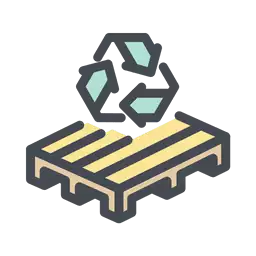 Illustration of a wooden pallet with a green recycling symbol above it, representing pallet recycling, pallet collection, or sustainable materials.