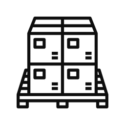 Black and white line drawing of four boxes stacked on a wooden pallet, representing efficient logistics services.