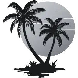Silhouette of two palm trees gracefully positioned against a circular, gray background, evoking the tranquility of a tropical location.