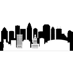Silhouette of a city skyline location, featuring various building shapes and sizes on a black background.
