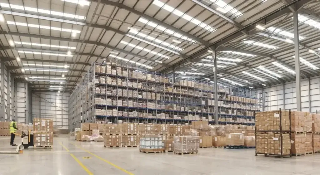 Large warehouse interior with high shelves stacked with boxes and pallets, and additional pallet-loaded boxes neatly organized on the floor.